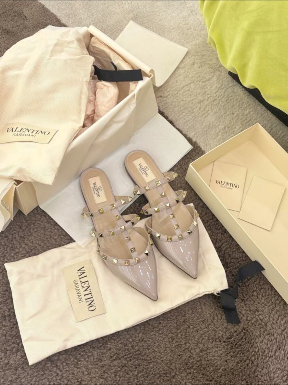 Valentino Nude Shiny Leather Gold Studded Pointed Toe Mule Sandals